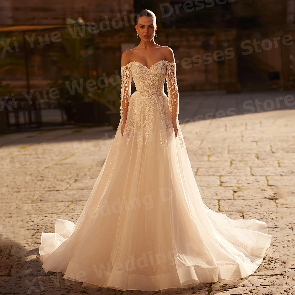 

Sexy A Line Women's Wedding Dresses Appliques Long Sleeve Abito Da Sposa Bride Gowns Customized Off Shoulder Vestidos De Novia