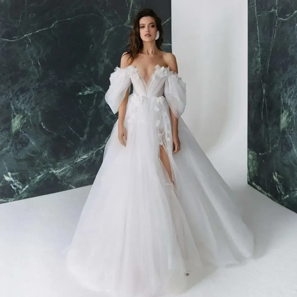 Elegant long V-neck decal Luxury wedding dress with off rotator sleeves Romantic Wedding A-line pleated bridal party dress