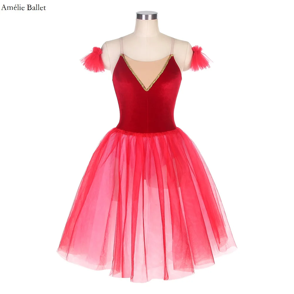 

21262 High quality Red Velvet Top Bodice with Nude V Neck Long Romantic Tutu Skirt for Adult and Girls Ballerina Dance Dress