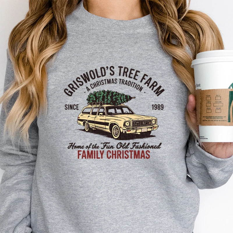 Family Christmas Tree Farm Graphic Fashion Casual Hoodies Festive Tree Car Classic Sweater Retro Christmas Womens Sweatshirts