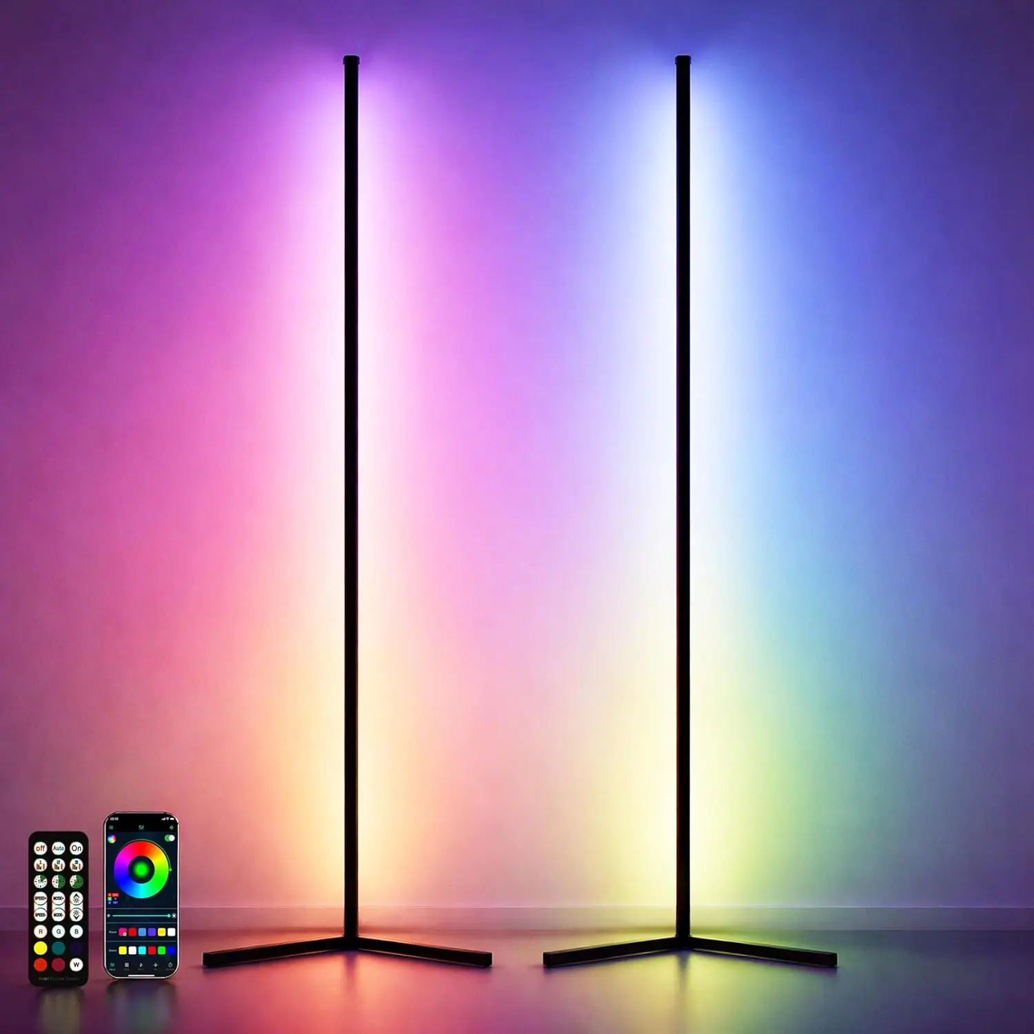 

Комплект из 2 RGB-светильников для угла помещения, 57 дюймов, современное атмосферное освещение с управлением через Bluetooth-приложение и прочным основанием