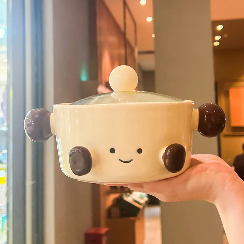 Korean Style Ceramic Instant Noodle Bowl with Lid Cute Round Ball Chubby Footed Anti-Scald Soup Bowl Kitchen Tableware