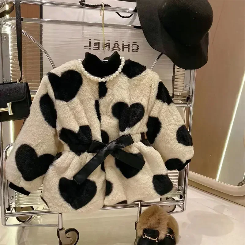 

Baby Girl Princess Winter Love Strap Fur Jacket Long Sleeve Children Coat Infant Toddler Thick Outwear Baby Clothes