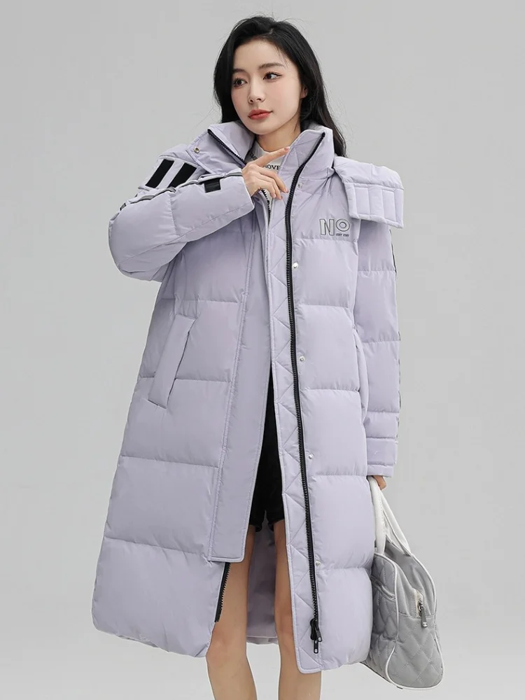 Long Hooded Parka Line Patchwork Down Jacket for Women, Letter Prints Jackets, Warm Loose Coats, Female Fashion, Winter