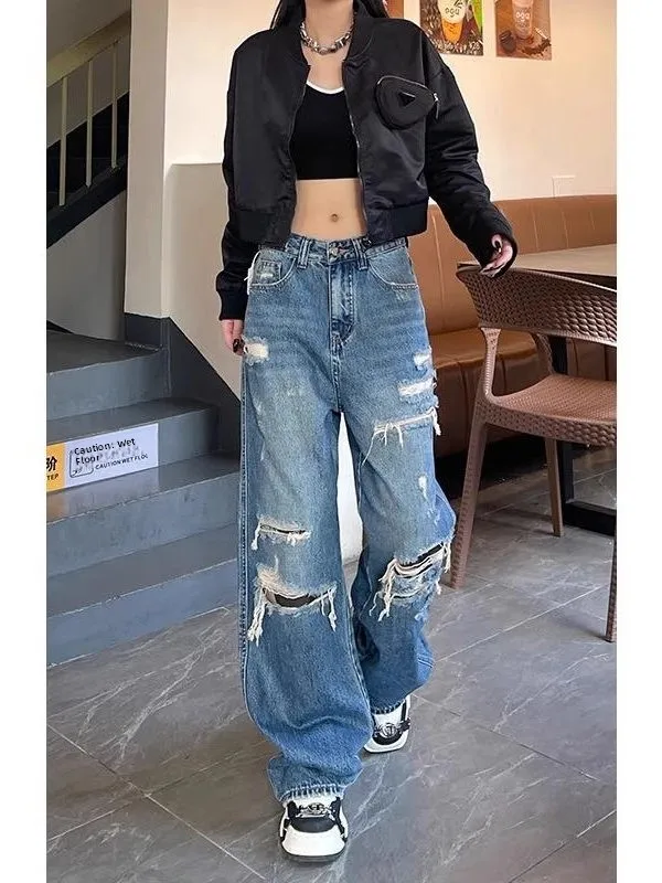 

Deep Blue High Waist Straight Leg Casual Washed Denim Jeans Women's Spring Autumn New Style Slimming Long Pants