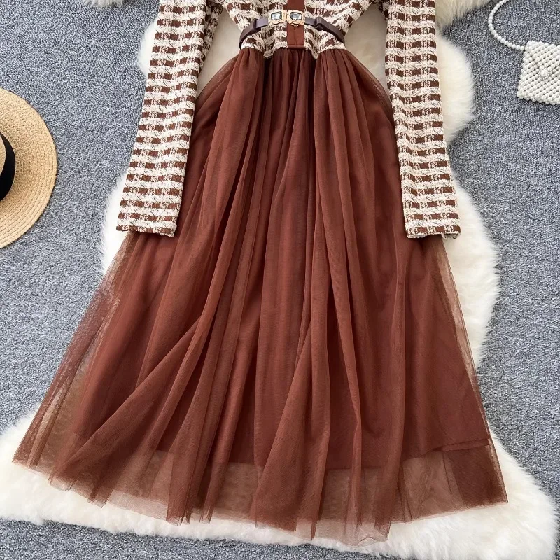 Neploe High End Fragrance Vintage Style Vestidos Femme 2024 Autumn Lapel Long Sleeve Plaid Splicing Waist Slim Mesh Puffy Dress