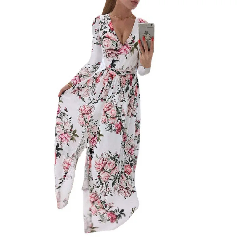 2024 Independent station wish Express new summer long-sleeved V-neck chiffon print Bohemian dress women