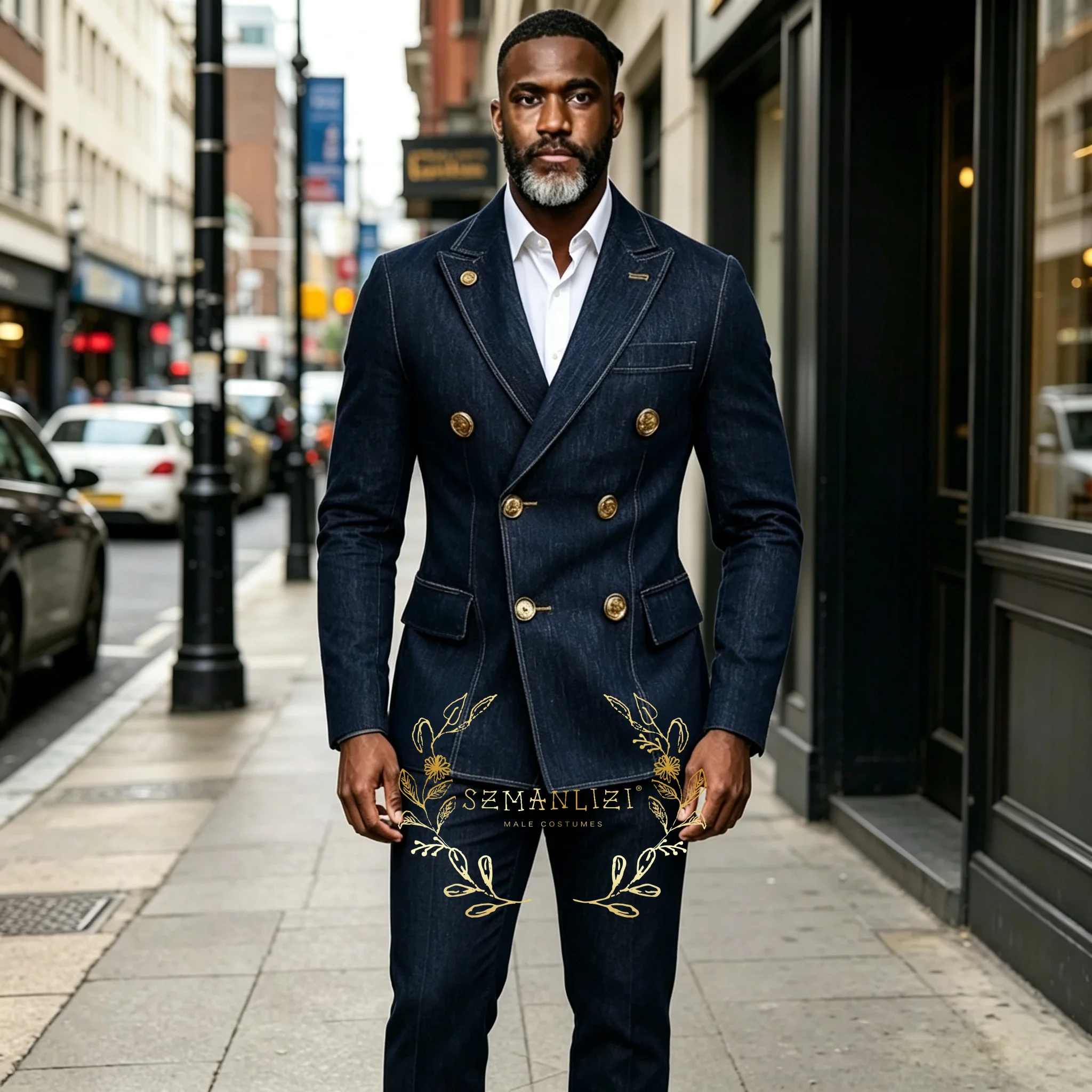 Formal Men's Suits Denim Double Breasted Blazer High Quality Navy Blue 2 Piece Jacket Pants Sets Male Clothing Costume Homme