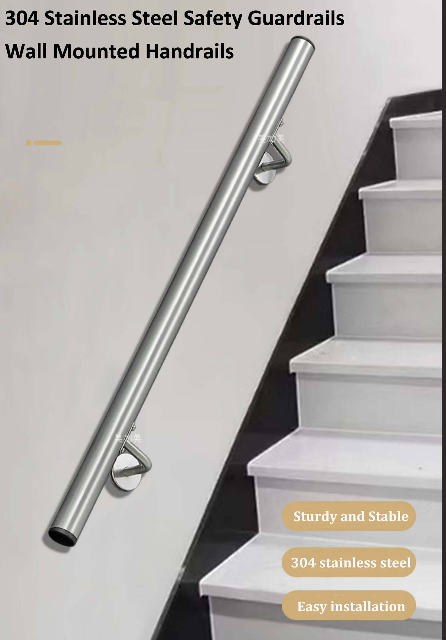 304 Stainless Steel Stairs Handrail Kit, Sturdy Wall Mount  Hand Rail, Indoor Outdoor Stair Railing 30MM Round Pipe Grab Bar