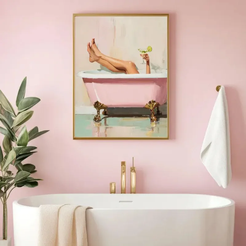 1pc frameless Canvas Painting Retro Martini Girl in Bathtub Glam Bathroom Cocktail Feminist Aesthetic Poster Canvas Painting Wal