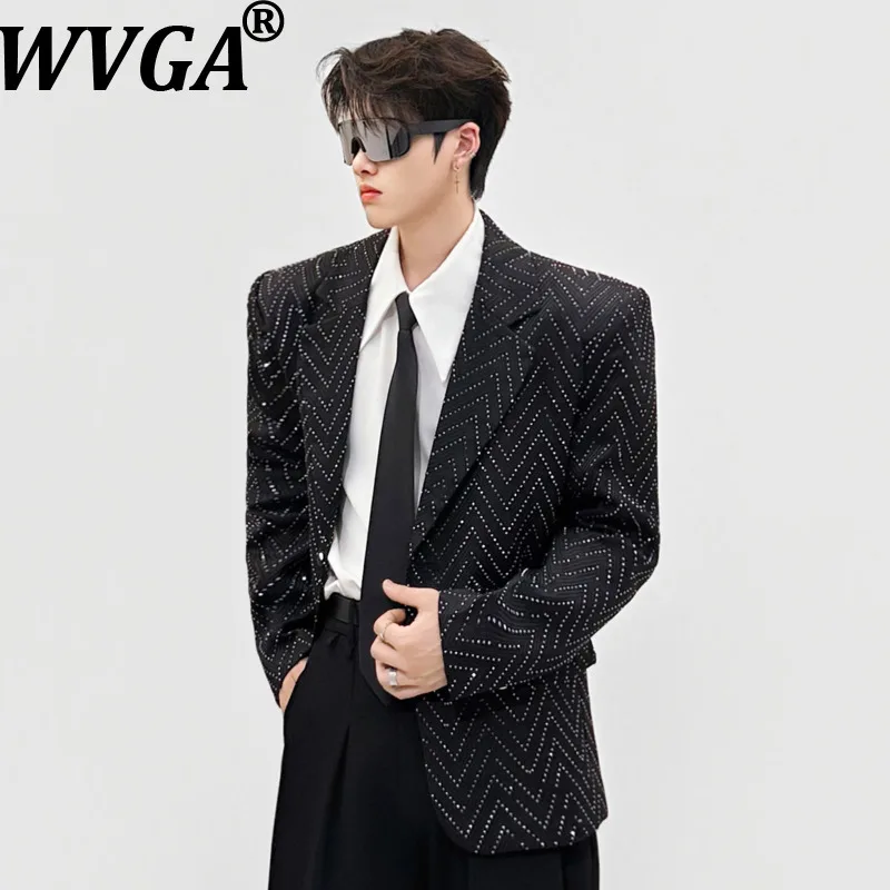 WVGA Spring Autumn New Men Tide Niche Style Diamond Turn-Down Collar Blazer Chic Casual High-end Shoulder Pads Jacket Ins W21769
