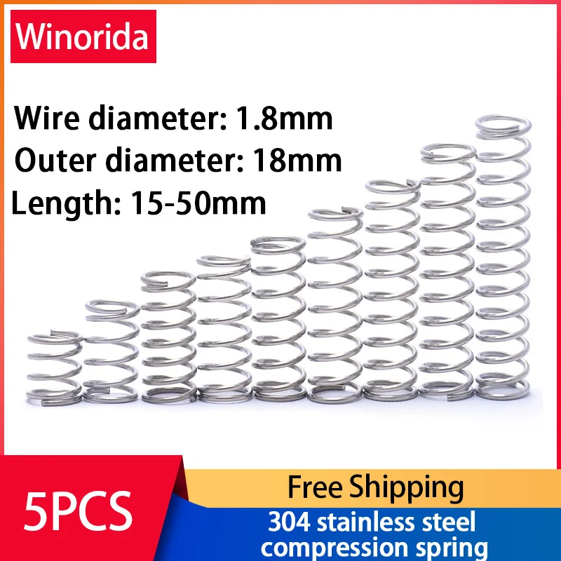 

304 Stainless Steel Compression Spring Return Spring Steel Wire Diameter 1.8mm Outside Diameter 18mm Pressure Spring 5/10 Pcs