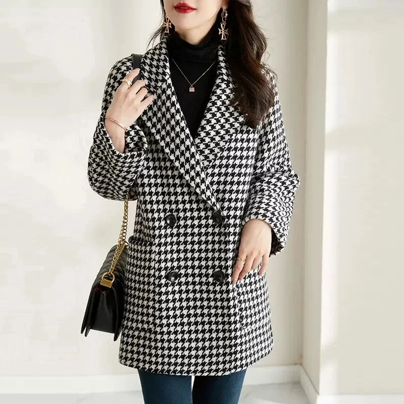

Suit collar Houndstooth Woolen Jacket Women's 2022 Autumn Winter New Fashion Mid-length Coat Female Warm Casual Female Outwear