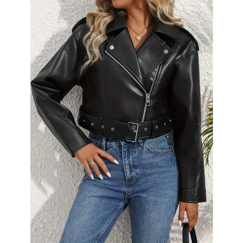 Outono inverno topo feminino jaqueta de couro do plutônio casual senhora lapela zíper na moda roupas da motocicleta leve casaco clássico (sem bolso)