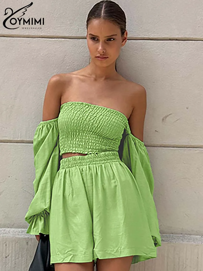 

Oymimi Casual Green Cotton Sets Womens 2 Piece Fashion Strapless Off The Shoulder Crop Tops And High Waisted Simple Shorts Sets