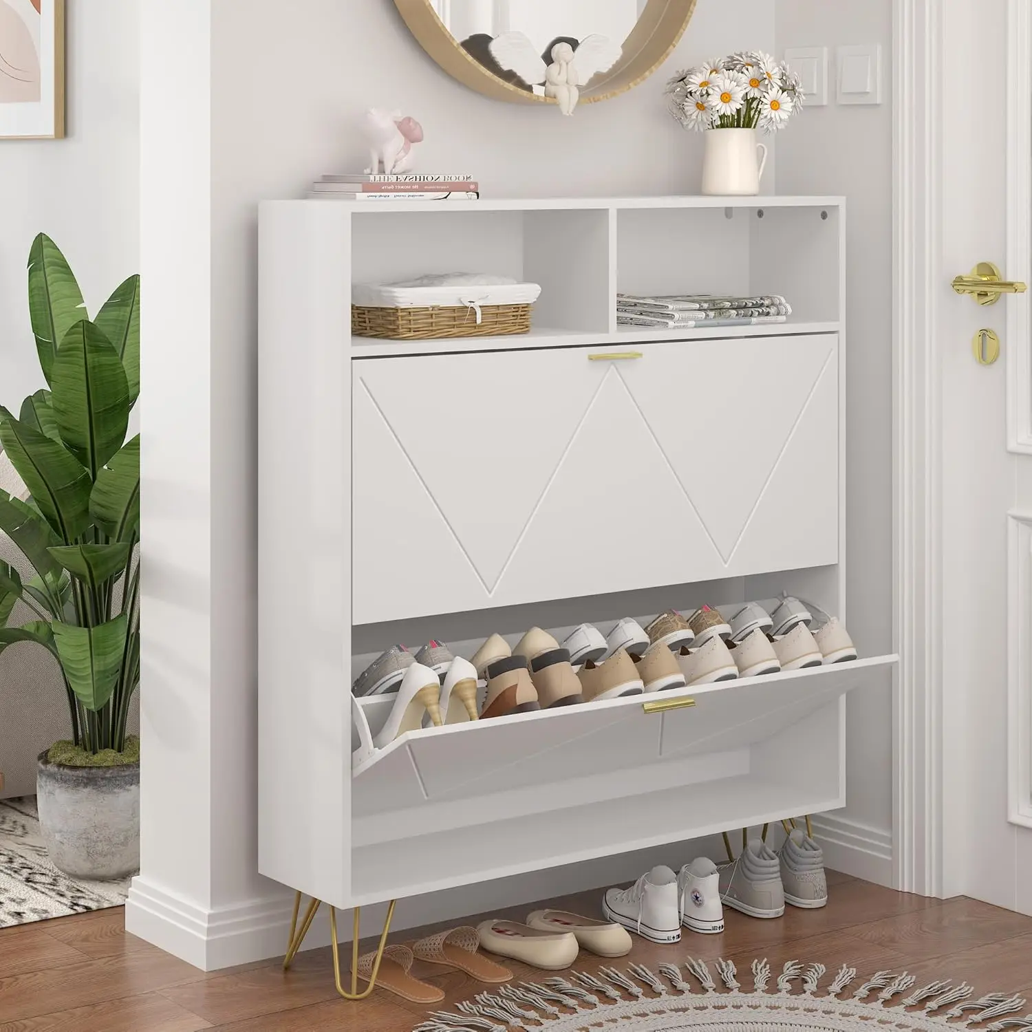 خزانة أحذية بيضاء كبيرة مقاس 46 بوصة مع درجين ورفوف مفتوحة، ومنظم مدخل ضيق