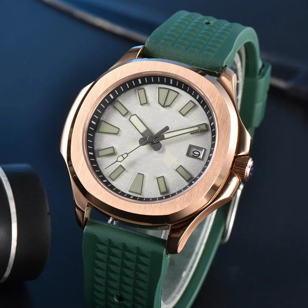 40mm NH35 NH36 Rose Gold Automatic Men's Watch Luminous, Sapphire Crystal Rubber Strap Solid Caseback, Hot Sale Business Casual