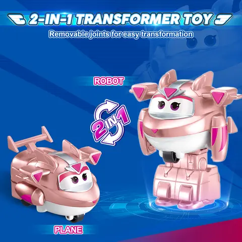 Super Wings Mini Traver 2 นิ้วเปลี่ยนหุ่นยนต์เครื่องบิน 3 ขั้นตอนตัวเลขการกระทําการเปลี่ยนรูปเปลี่ยนอะนิเมะของเล่นเด็ก