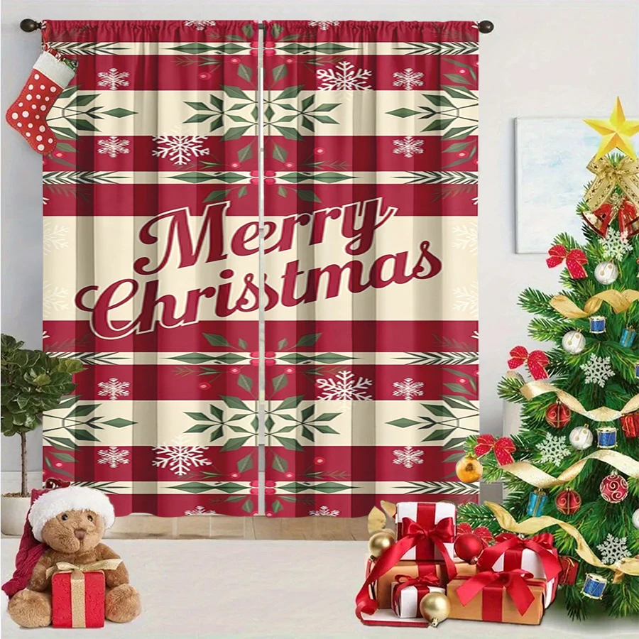 2PCS Digital Print Curtain, Red White Striped Merry Christmas with Snowflakes and Green Leaves, Vintage Style, for Bedroom Decor