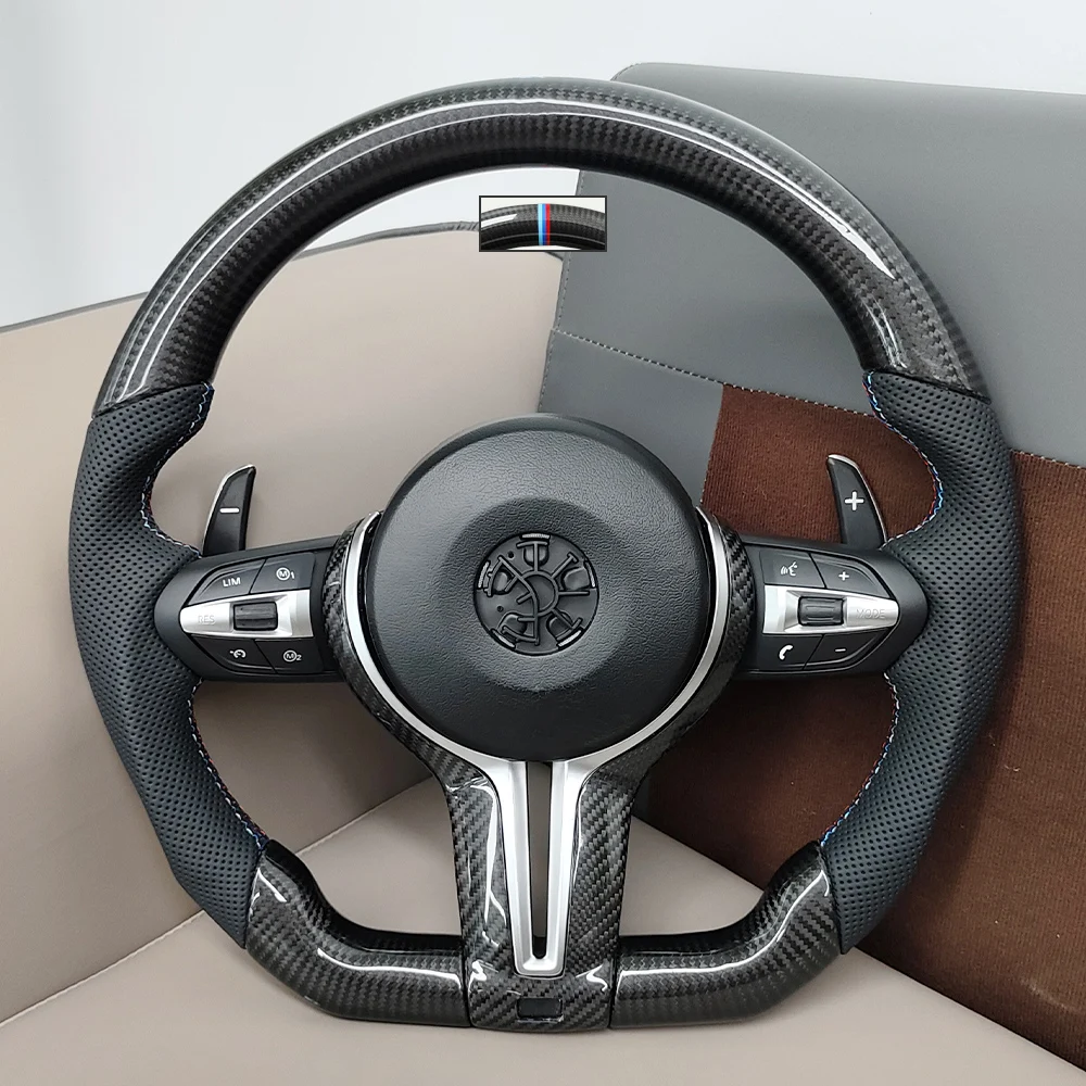 Carbon Steering Wheel For F20 F21 F10 F11 M3 F30 F15 F16 F25 M5 F06 F07 F12 E90 E90 X5 E70 E87 E81 Carbon Perforate Leather Stripe M Sport view 3
