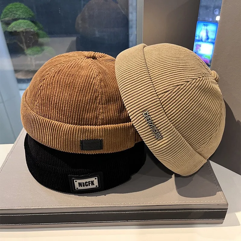 Japanese retro corduroy melon skin hat, men's and women's hip-hop hooligan hat, street trendsetters' brimless landlord hat
