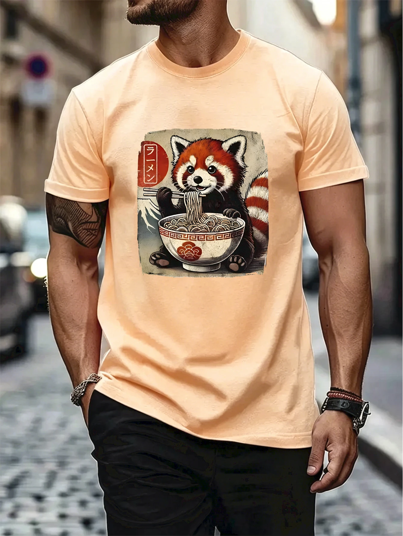Red Panda Cat Ramen Noodles Printed Men Beach T-Shirts Summer O-Neck T Shirt Cotton Loose Clothes Street Hip Hop Man Sportswear