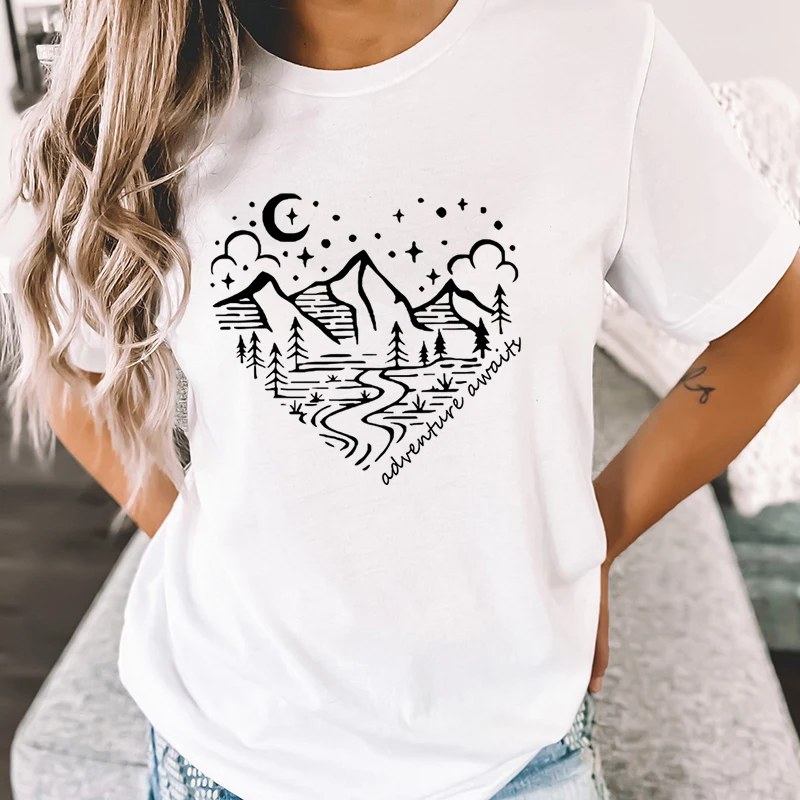 2026 New Fashion Women Summer Mountain Hiking Camping Print Adventure Awaits Casual Crew Neck Short Sleeve Tee Tops Streetwear