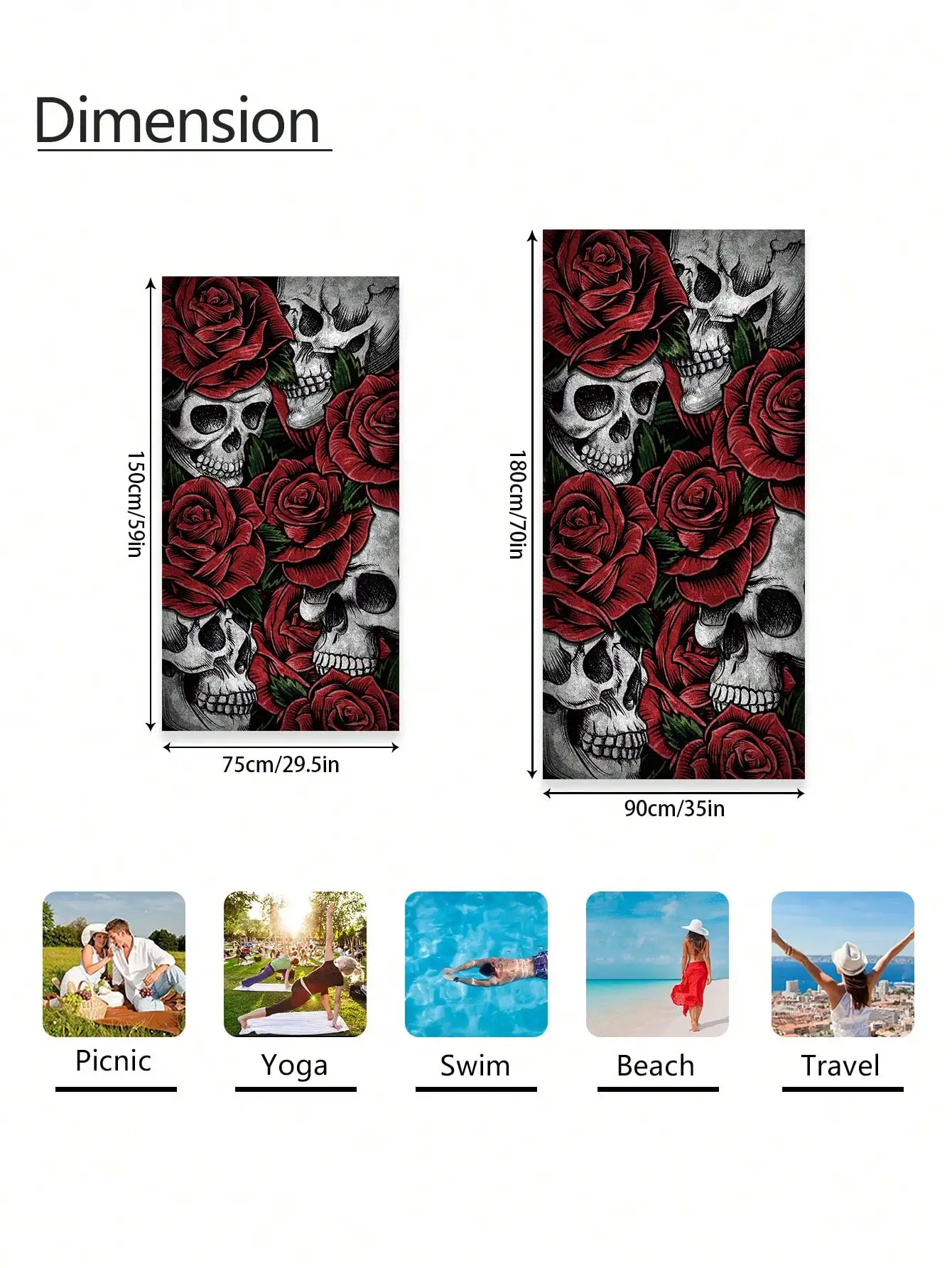 منشفة الشاطئ Rose Skull - كبيرة جدًا من الألياف الدقيقة فائقة الامتصاص وسريعة الجفاف، مثالية لحمام السباحة والشاطئ واليوجا والتخييم