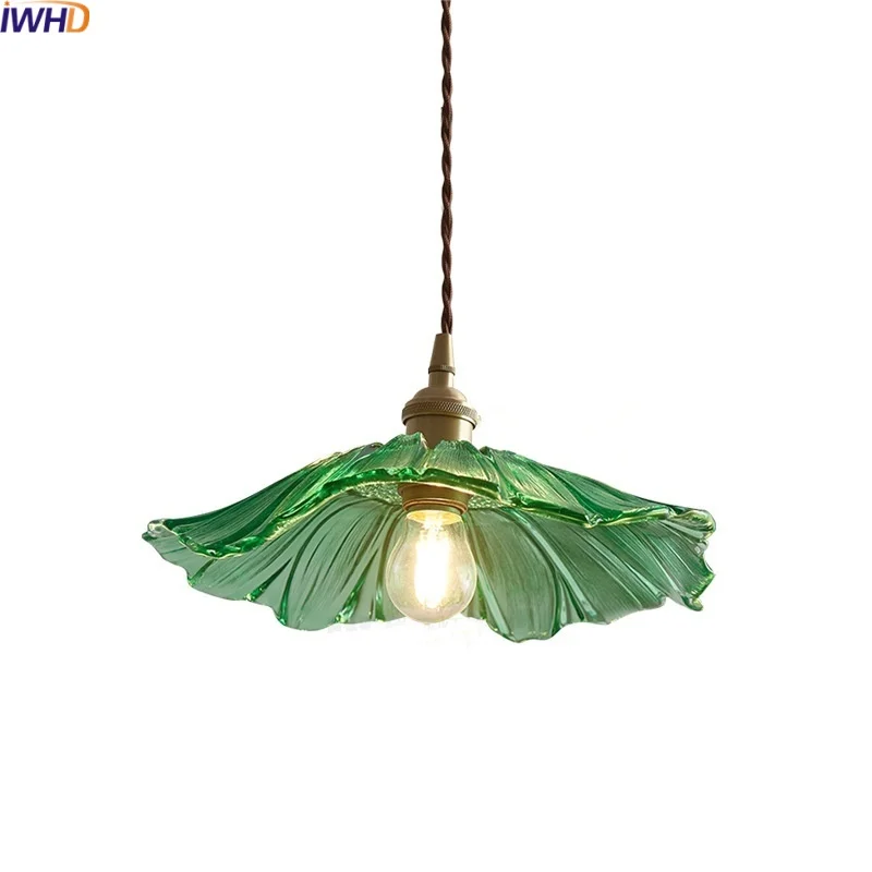 

IWHD Green Glass LED Hanging Lights Fixtures Nordic Modern Bedroom Living Dining Room 4w Bulb Pendant Lamp Copper Lamparas