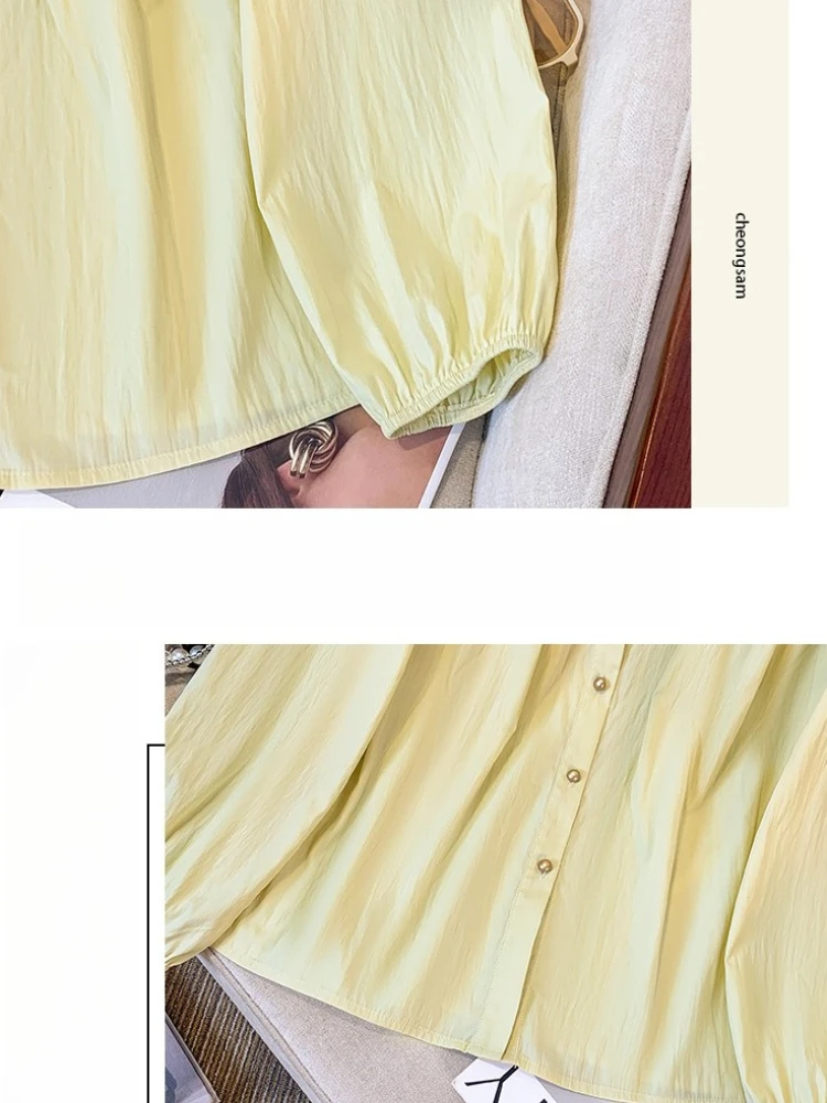 เสื้อผู้หญิงไซส์ใหญ่ คอลเลคชั่นใหม่ ฤดูใบไม้ผลิ/ฤดูใบไม้ร่วง 2025 คอทรงโอ แขนทรงโคม ทรงหลวม ติดกระดุมแถวเดียว