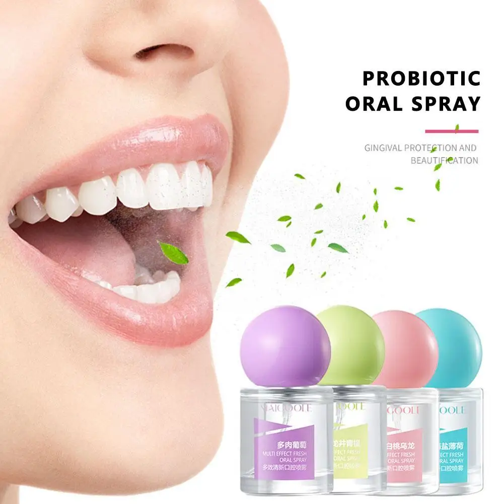 Spray probiótico para el aliento, ambientador de 15ml para eliminar el mal aliento, menta, sabor a melocotón, Spray Oral, espray para el aliento fresco, antipillera, dientes sólidos