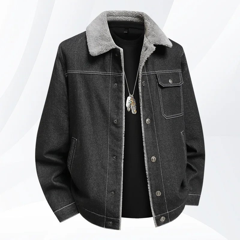 

Мужская плюшевая куртка, зимняя утепленная теплая мужская джинсовая куртка с отложным воротником, однобортное повседневное мужское пальто большого размера с длинными рукавами