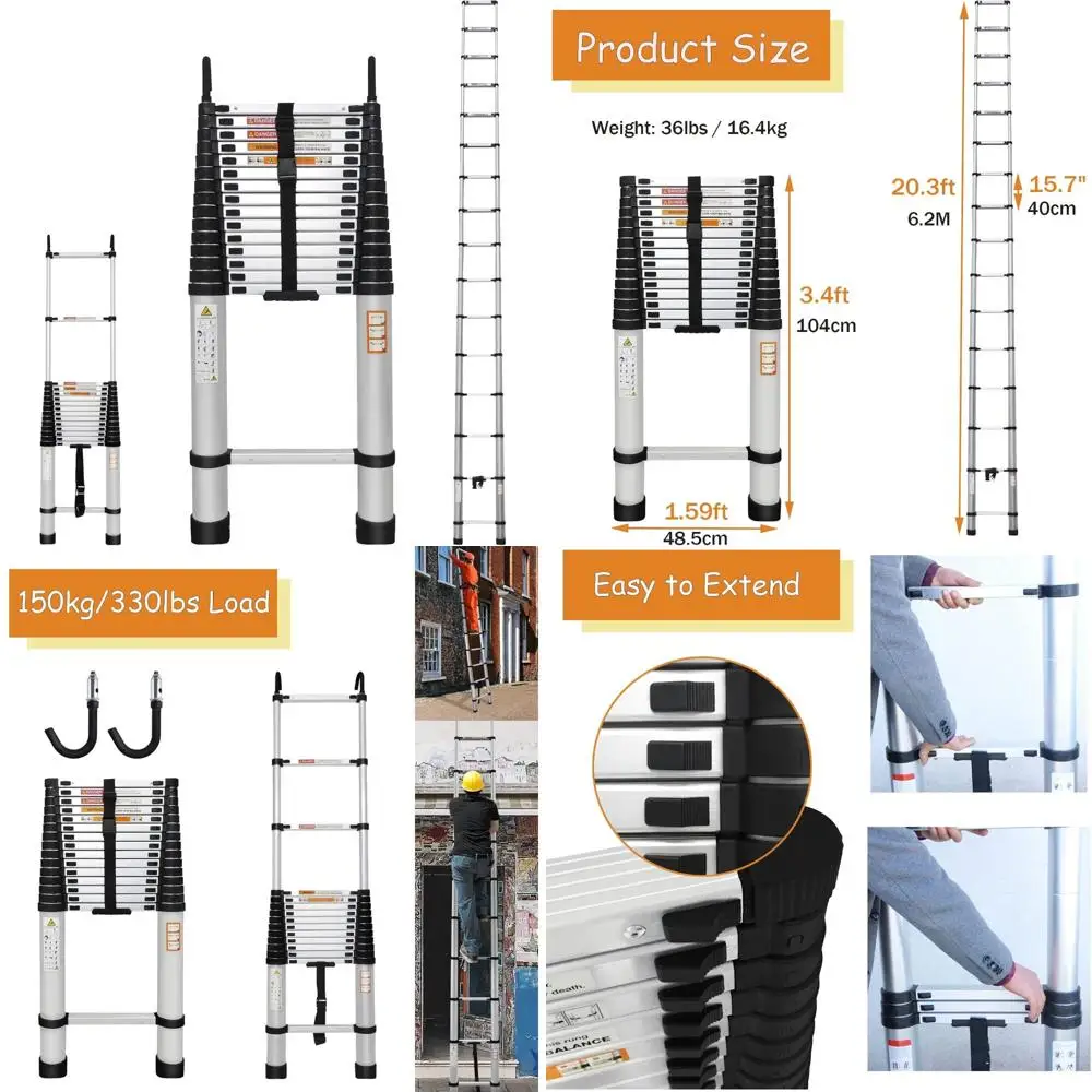 

Aluminum Telescoping Ladder 20.3ft with Removable Hooks, Adjustable Height, EN131 Certified, 330lbs Load Capacity, Portable Fold