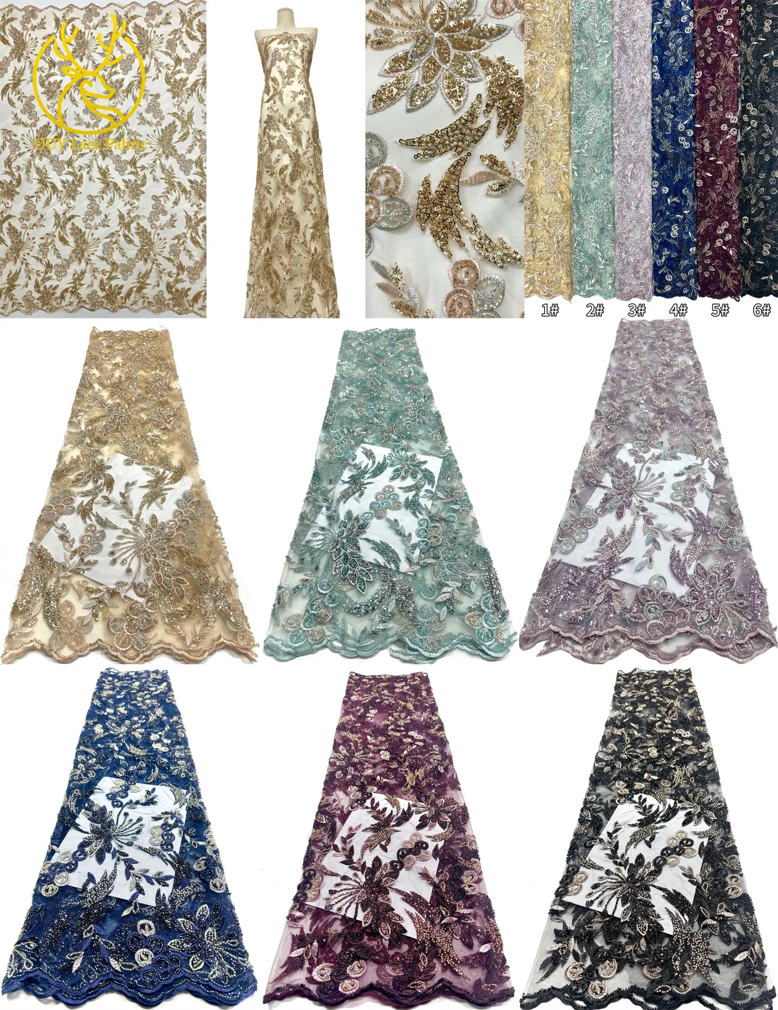 Premium-Spitzenstoff für Brautkleider Hochwertiger Afrikanischer Pailletten-Perlen-Spitzenstoff Französisch-Nigerianischer Bestickter Spitzenstoff – Detail 2