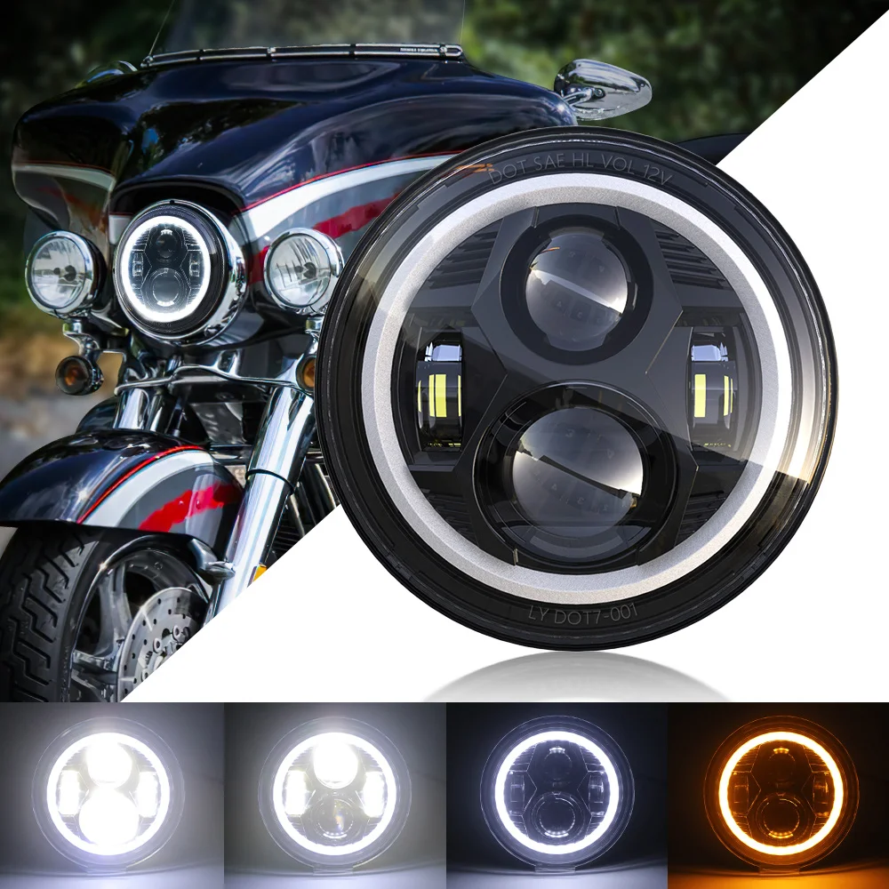 

7Inch Led Headlight DOT E9 Yellow DRL Angel Eye H4 Headlamp For Royal Enfield Himalayan 400 411 650 350 Harley BMW Yamha Honda
