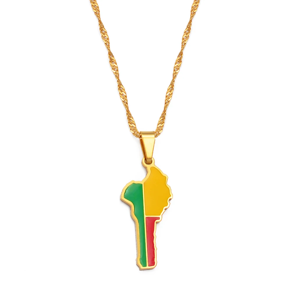 Anniyo Benin Map Flag Pendant Necklaces for Women Men Gold Color Beninian Jewelry #278521