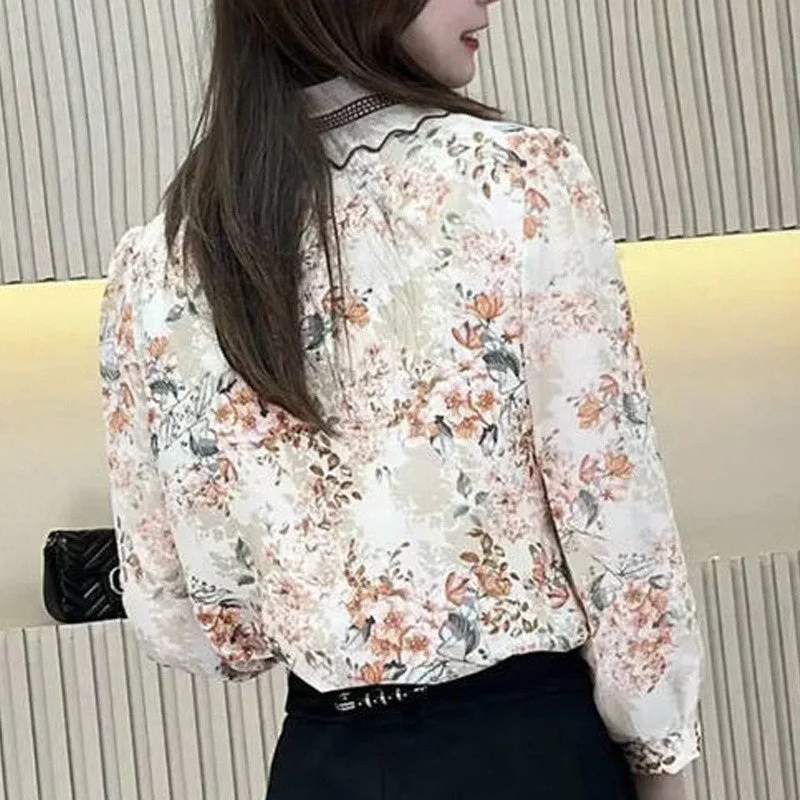 Vintage Floral Print Mesh Embroidery Lace Up Elegant Chic Ladies Tops Spring Summer Fashion Sweet Slim Blouse Shirt Women Blusas