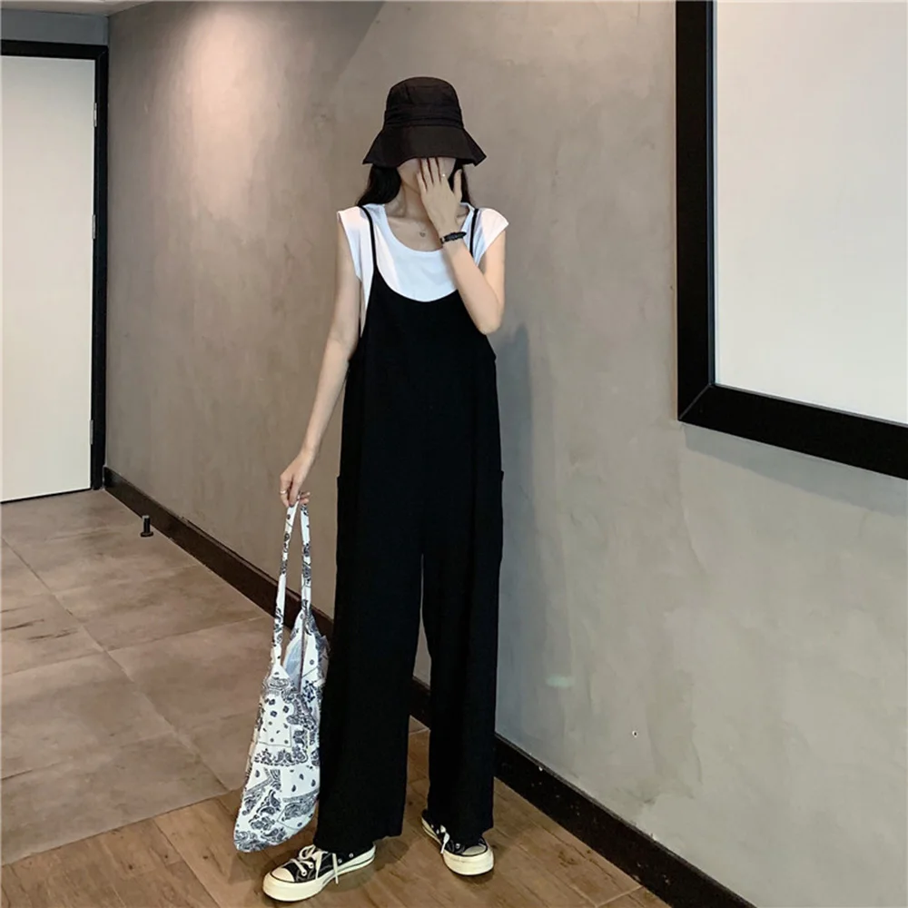 Fashion Women's Solid Color Jumpsuit Set Loose Fit Summer Thin U-Neck Sling Wide Leg Pants Side Pocket Design+Sleeveless Tank