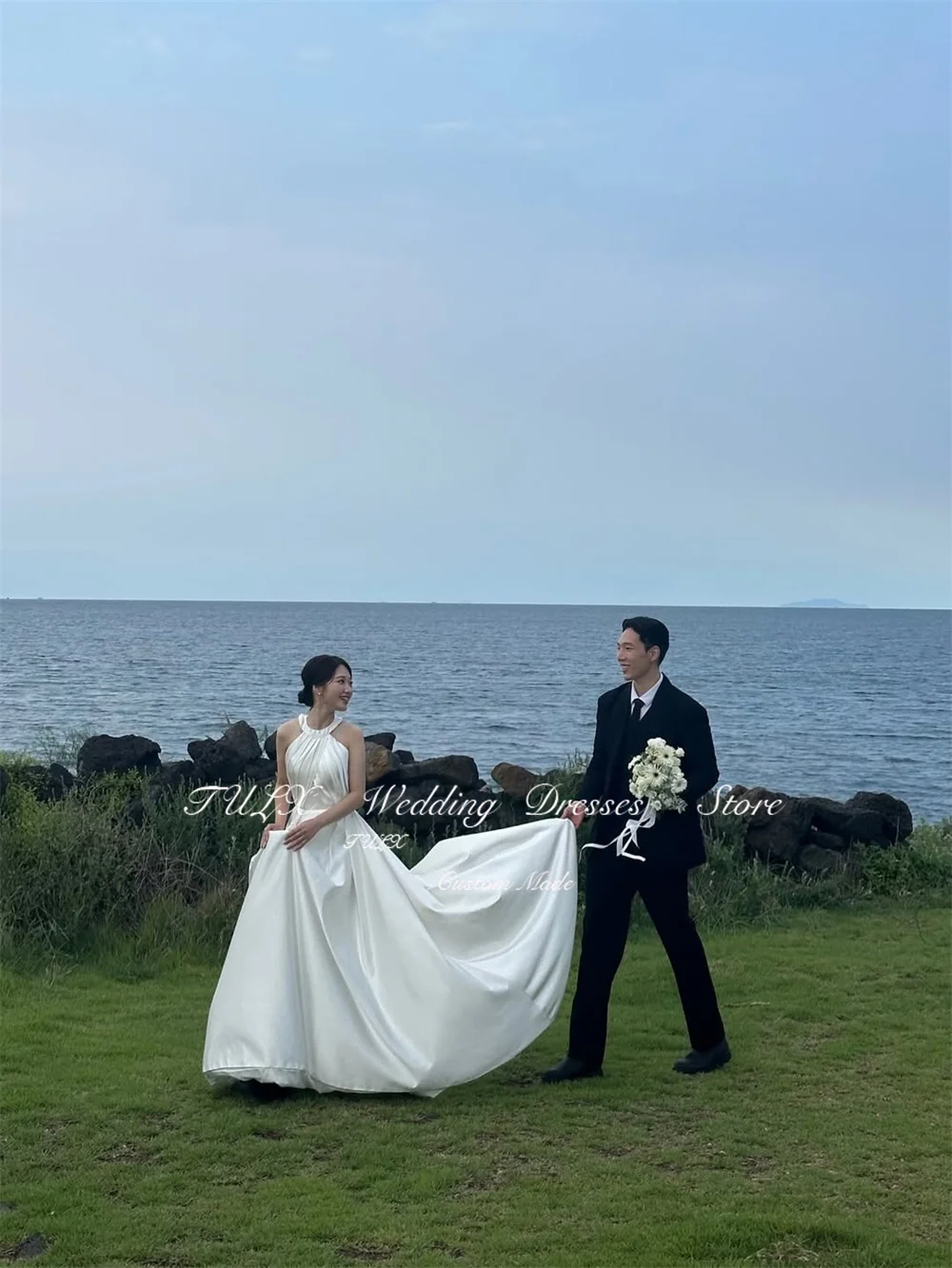 TULX Ivory Satin Wedding Dresses Korea Photo Shoot Halter Sleeveless A line Long Bridal Gowns Corset 웨딩드레스 Customized 2026