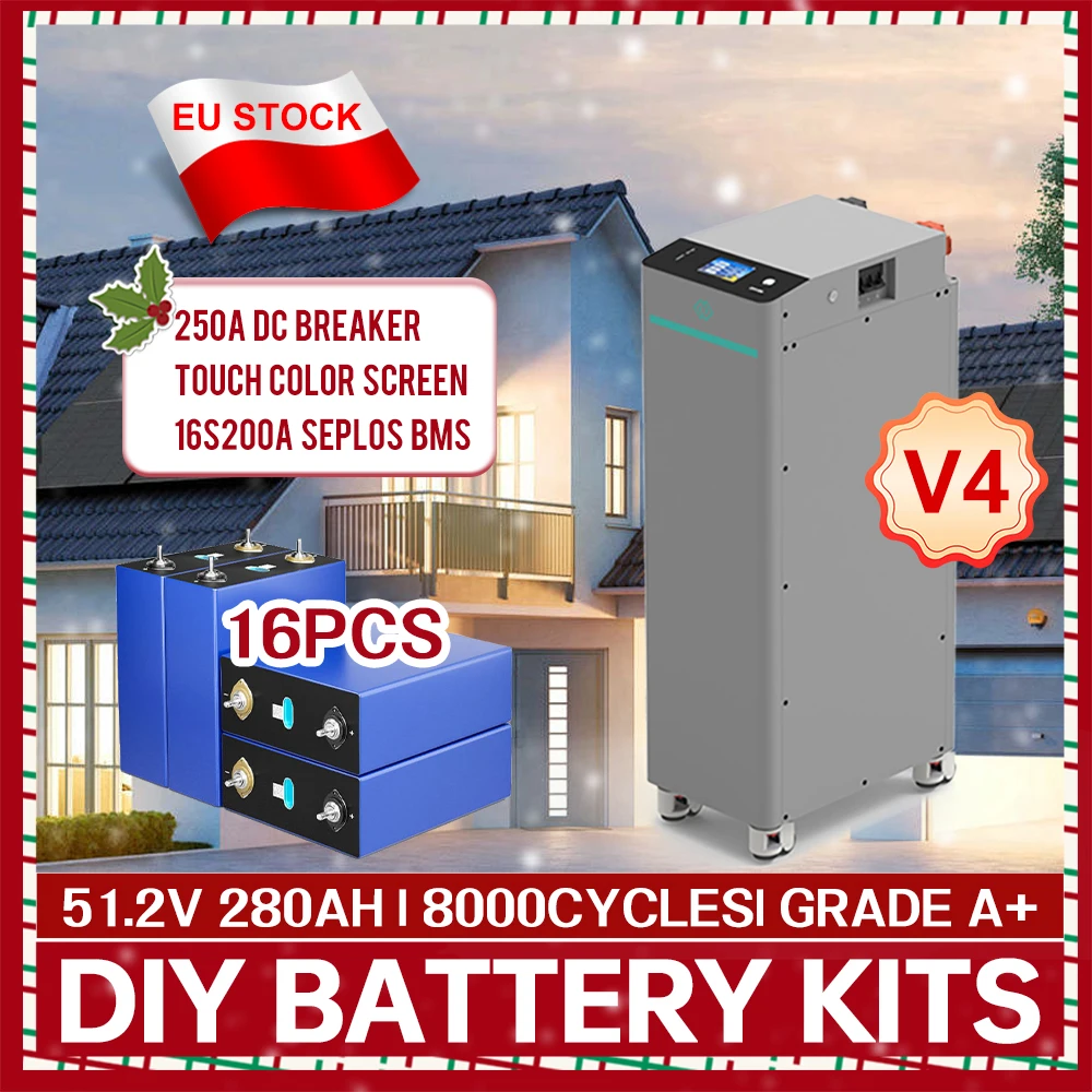 V4 280L DIY Battery Kits Seplos 51.2V280Ah Lifepo4 Battery Touch Color Screen 250A DC Breaker For Home Energy Storage System