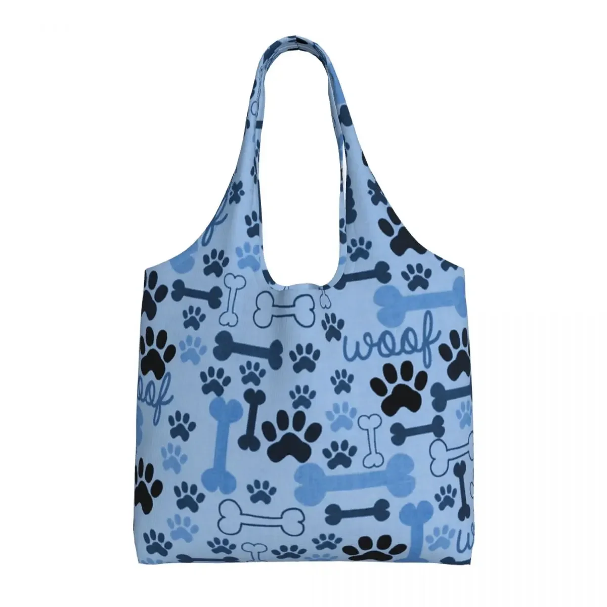 

Blue Dog Bones And Paw Prints Pattern Canvas Shopping Bags Washable Large Capacity Groceries Animal Footprint Shopper Tote Bags