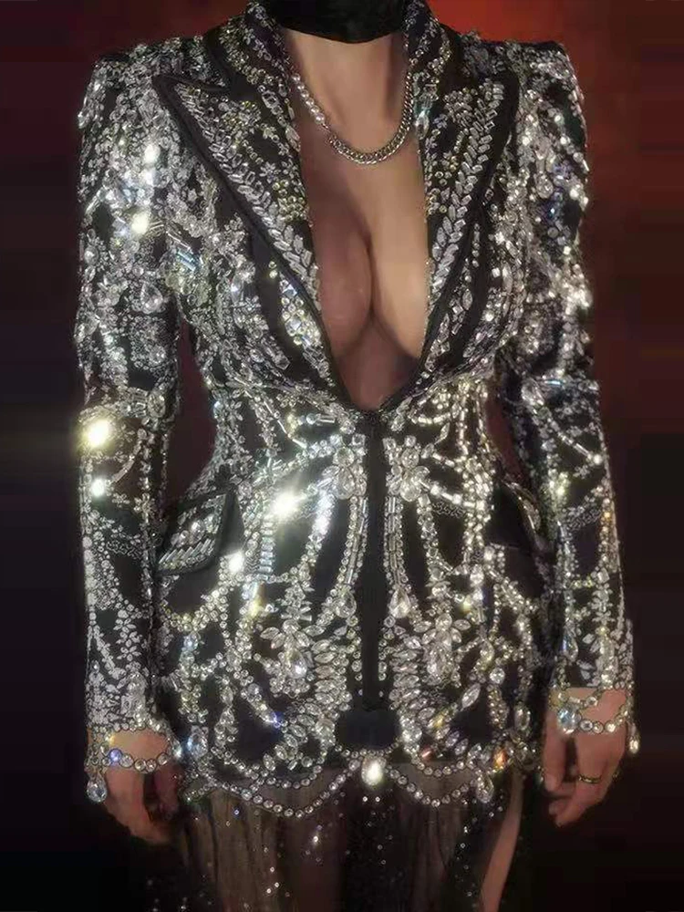 섹시한 딥 브이 넥 반짝 이는 전체 라인 석 정장 메쉬 트레일링 드레스 생일 파티 이브닝 ​​드레스 가수 무대 의상 yj119