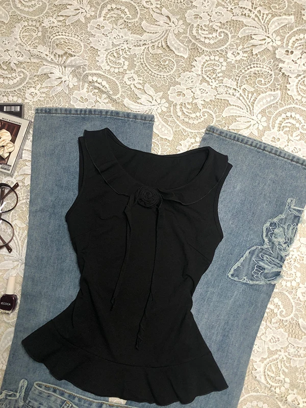 Cseta sin Mangas Vintage con Estampado de Rosas Neas para Mujer, Diseño con Volantes, Top Sensacional de Verano, Mezcla ...