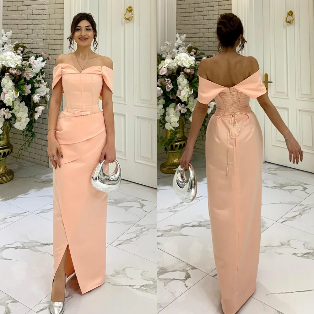 

Customized Simple Sizes Available Bow Pleat Straight Off-the-shoulder Long Dresses Bespoke Occasion Dresses Modern Style Classic