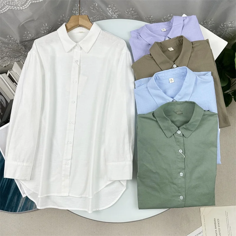 

Осенняя льняная рубашка женская свободного кроя с длинным рукавом, однотонная, с узором, в рабочем стиле, удобная, модный дизайн