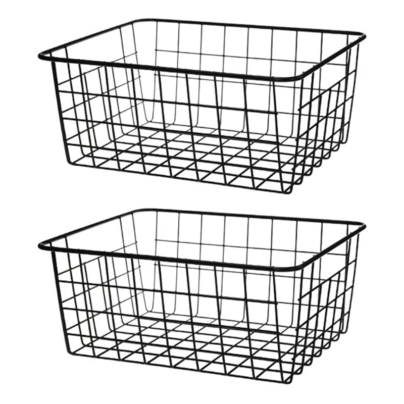 

2X Hollow Iron Wired Basket, Storage Baskets Metal Basket Without Interlining Bathroom Kitchen Organizer Black