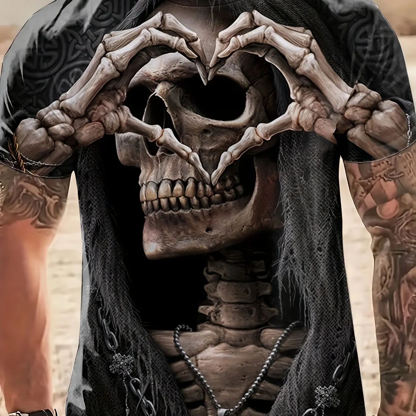 Camiseta عادية الفقرة hombre ، camisa gotica con estampado de manecillas de cuore y calavera ، camisseta negra de manga #6