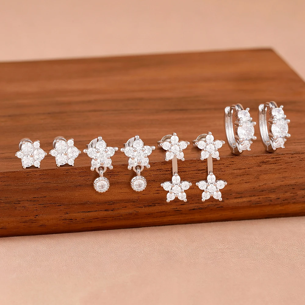 4-teiliges/8-teiliges Set französischer Design-Zirkon-Doppelblumen-Ohrhänger für Damen, geometrische Creolen, koreanischer Modeschmuck – Detail 10