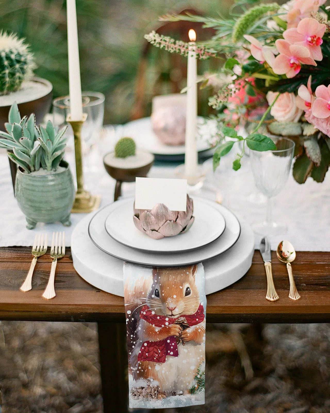 Winter Snow Pine Cone Squirrel Table Napkins Cloth Set Handkerchief Wedding Party Placemat Xmas Banquet Tea Napkins