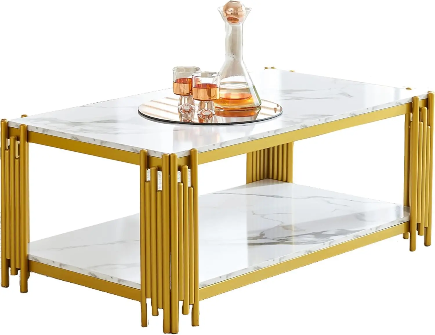 47 Inch White Marble Coffee Table With Gold Chrome Metal Base, 2-Tier Rectangle Faux Marble Center Table Coffee Cocktail Table,